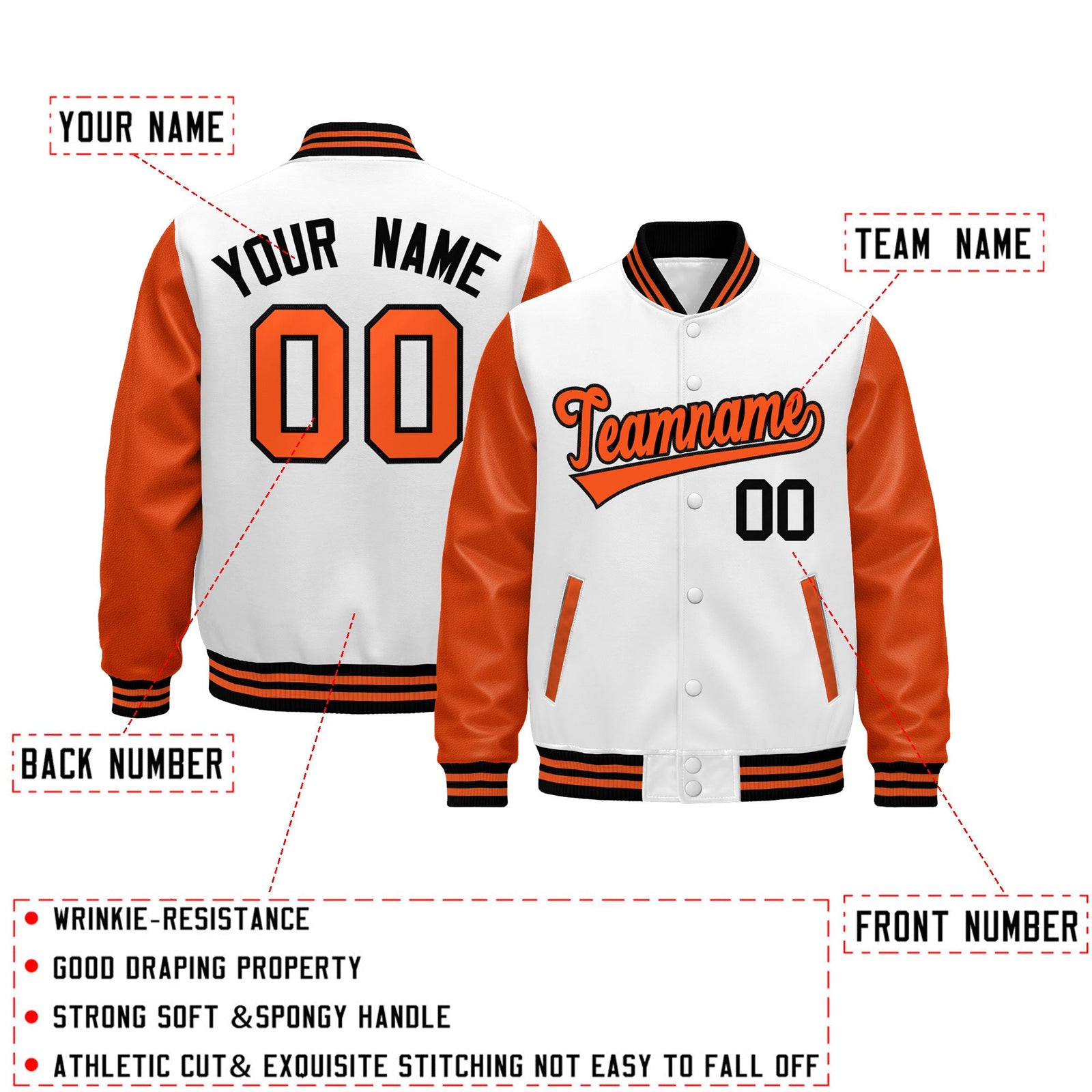 Custom Orange White Black Raglan Sleeves Varsity Full-Snap Leather Sleeves Letterman Jacket| KXKSHOP