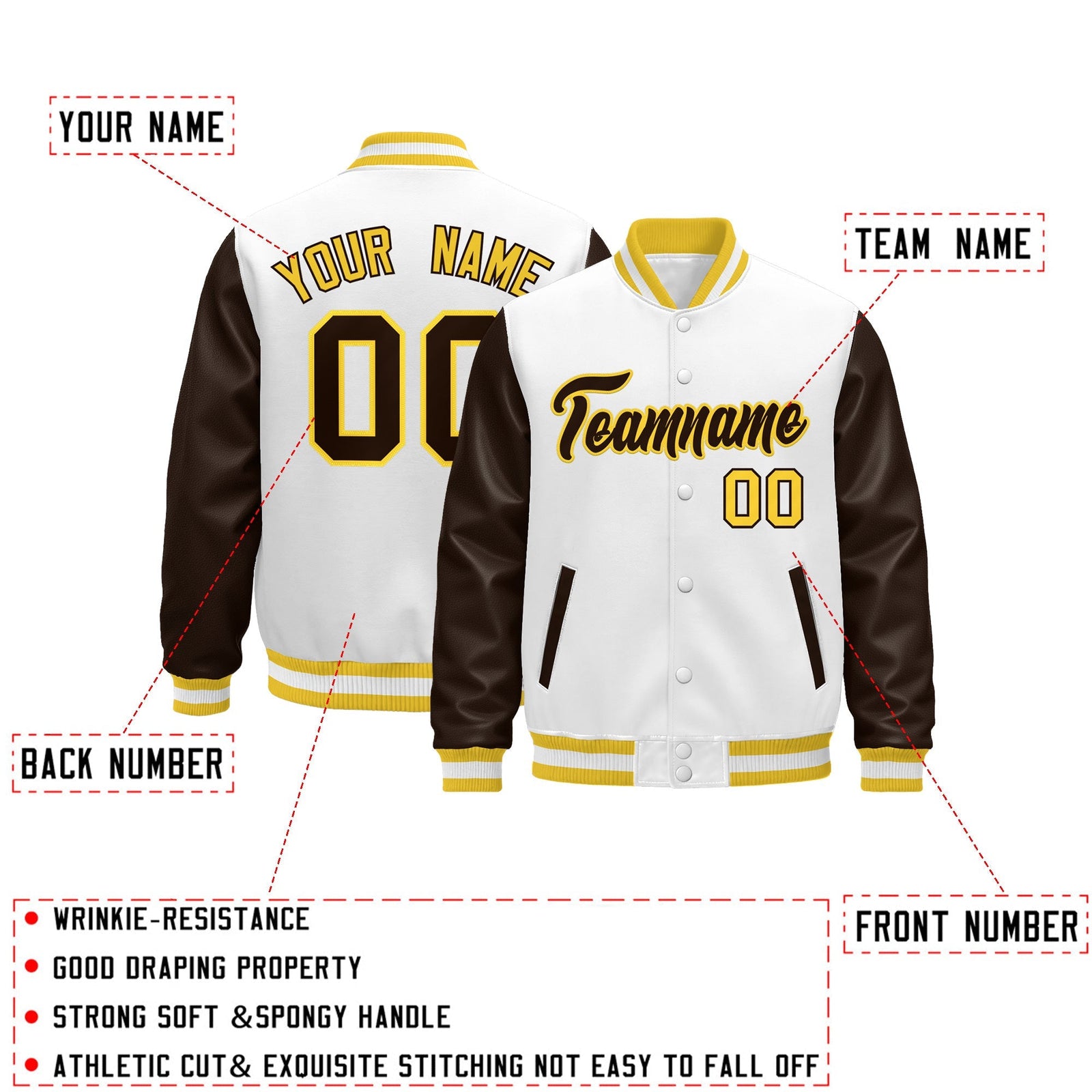 Custom White Brown Gold Raglan Sleeves Varsity Full-Snap Leather Sleeves Letterman Jacket| KXKSHOP
