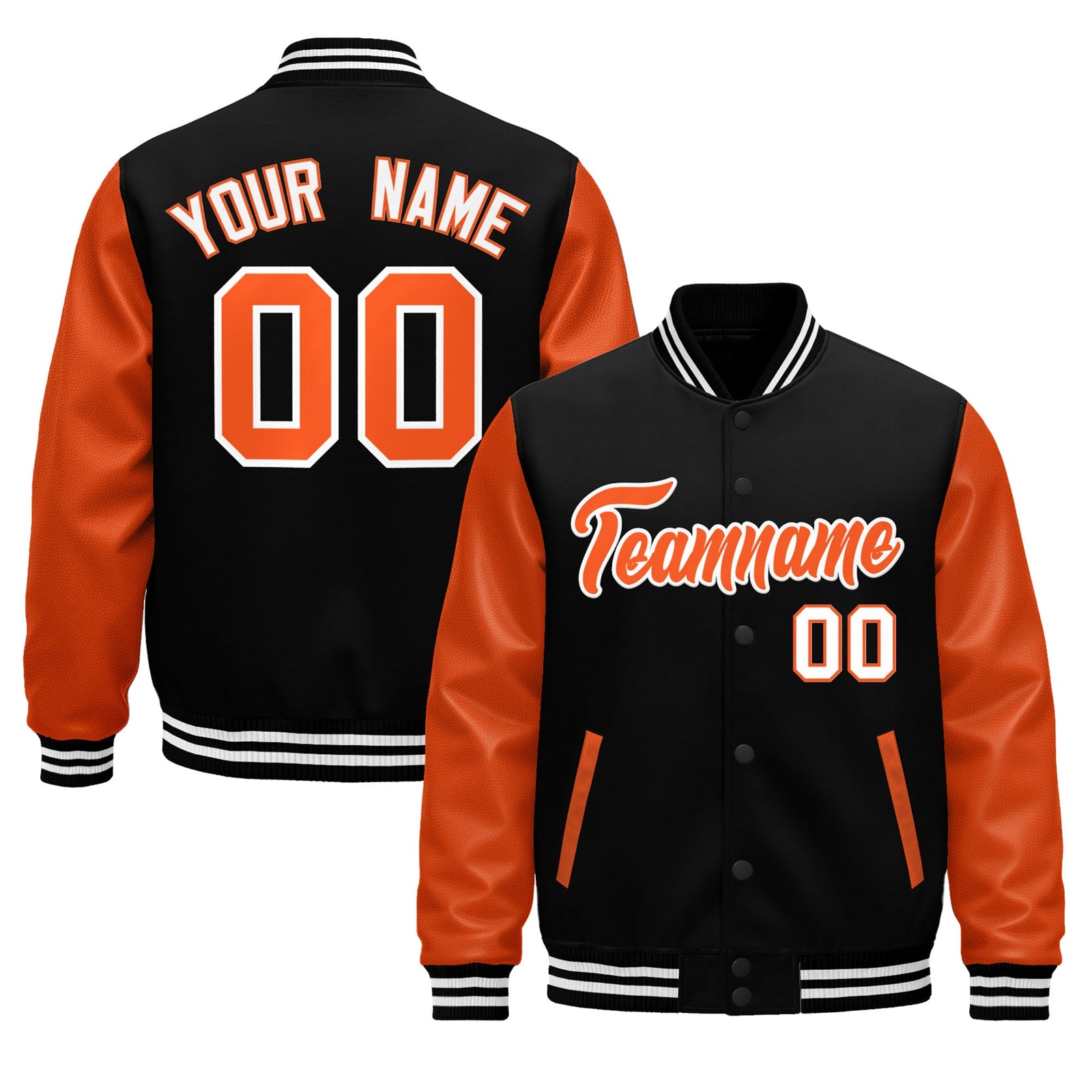 Custom Black Orange White Raglan Sleeves Varsity Full-Snap Leather Sleeves Letterman Jacket| KXKSHOP