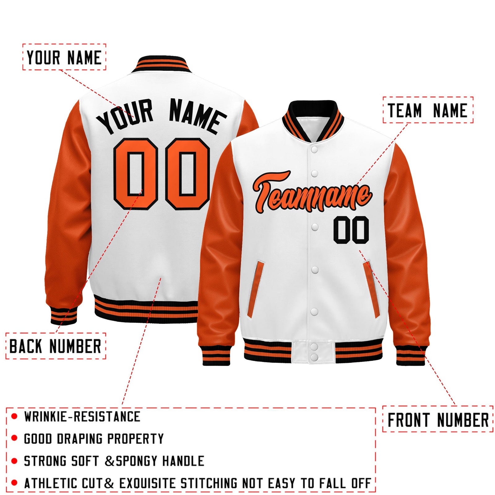 Custom Orange White Black Raglan Sleeves Varsity Full-Snap Leather Sleeves Letterman Jacket| KXKSHOP
