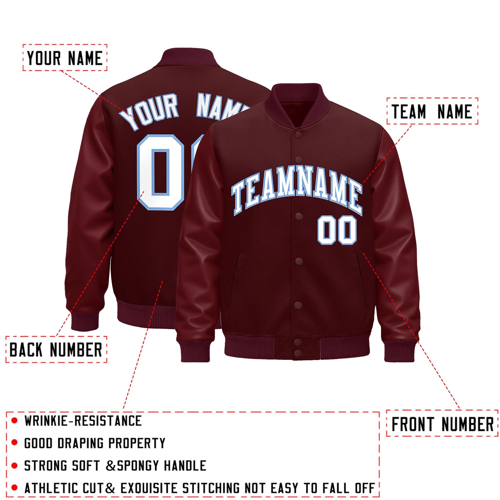 Custom Burgundy Light Blue Classic Style Leather Sleeves Wrinkle-Resistant Jacket| KXKSHOP