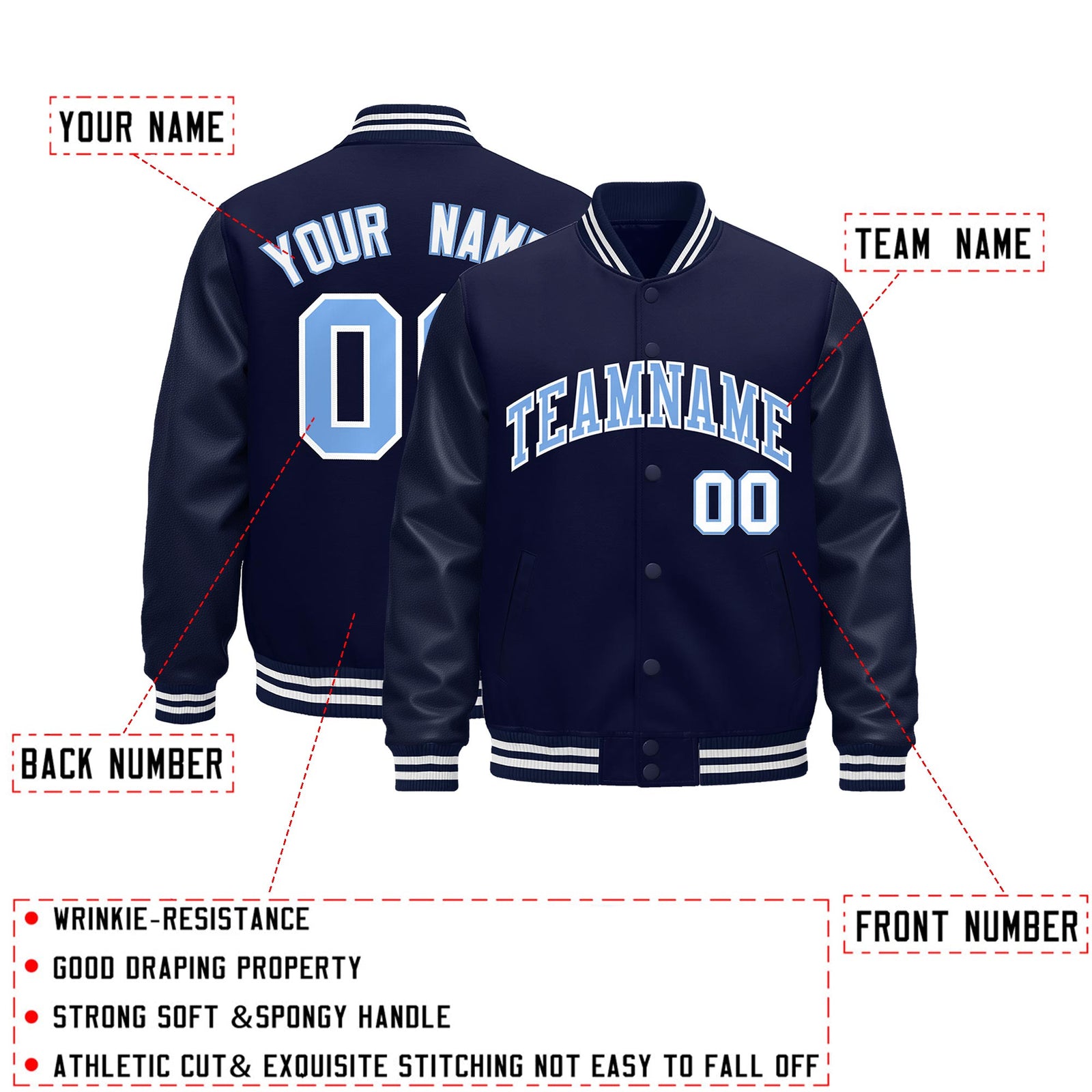 Custom Navy White Classic Style Leather Sleeves Wrinkle-Resistant Jacket| KXKSHOP
