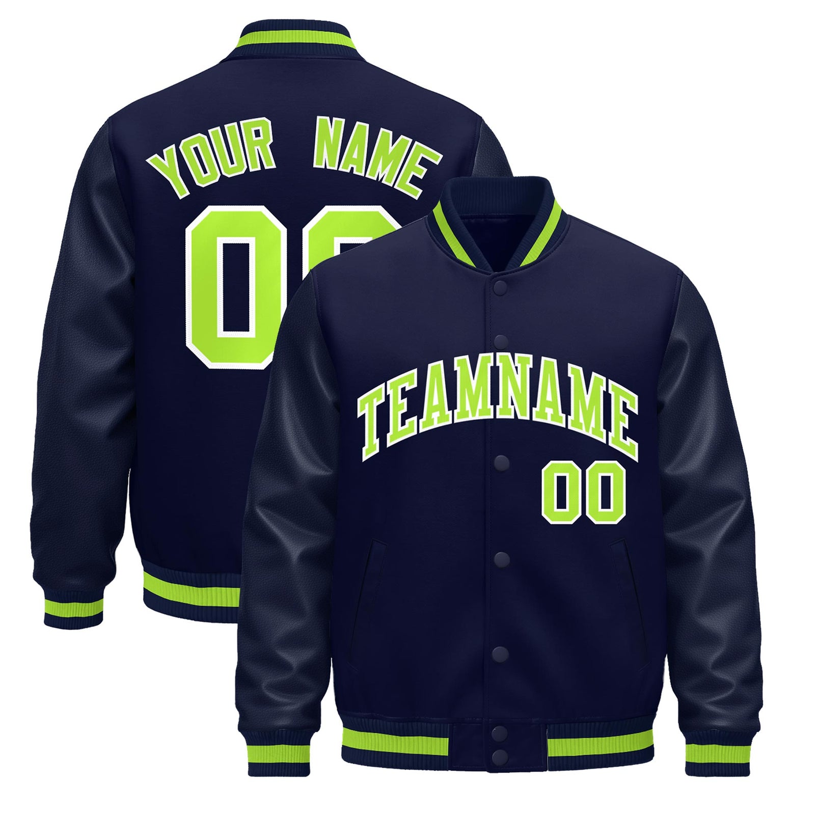 Custom Navy Neon Green Classic Style Leather Sleeves Wrinkle-Resistant Jacket| KXKSHOP