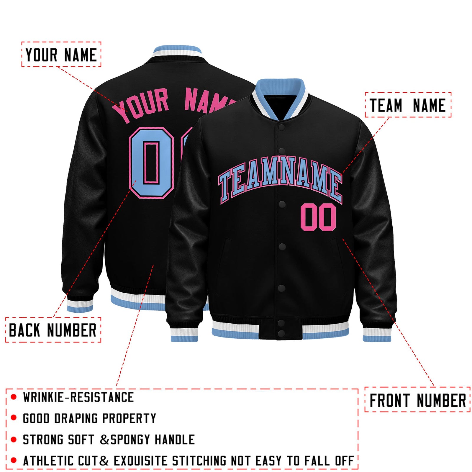 Custom Black Light Blue White Classic Style Leather Sleeves Wrinkle-Resistant Jacket| KXKSHOP