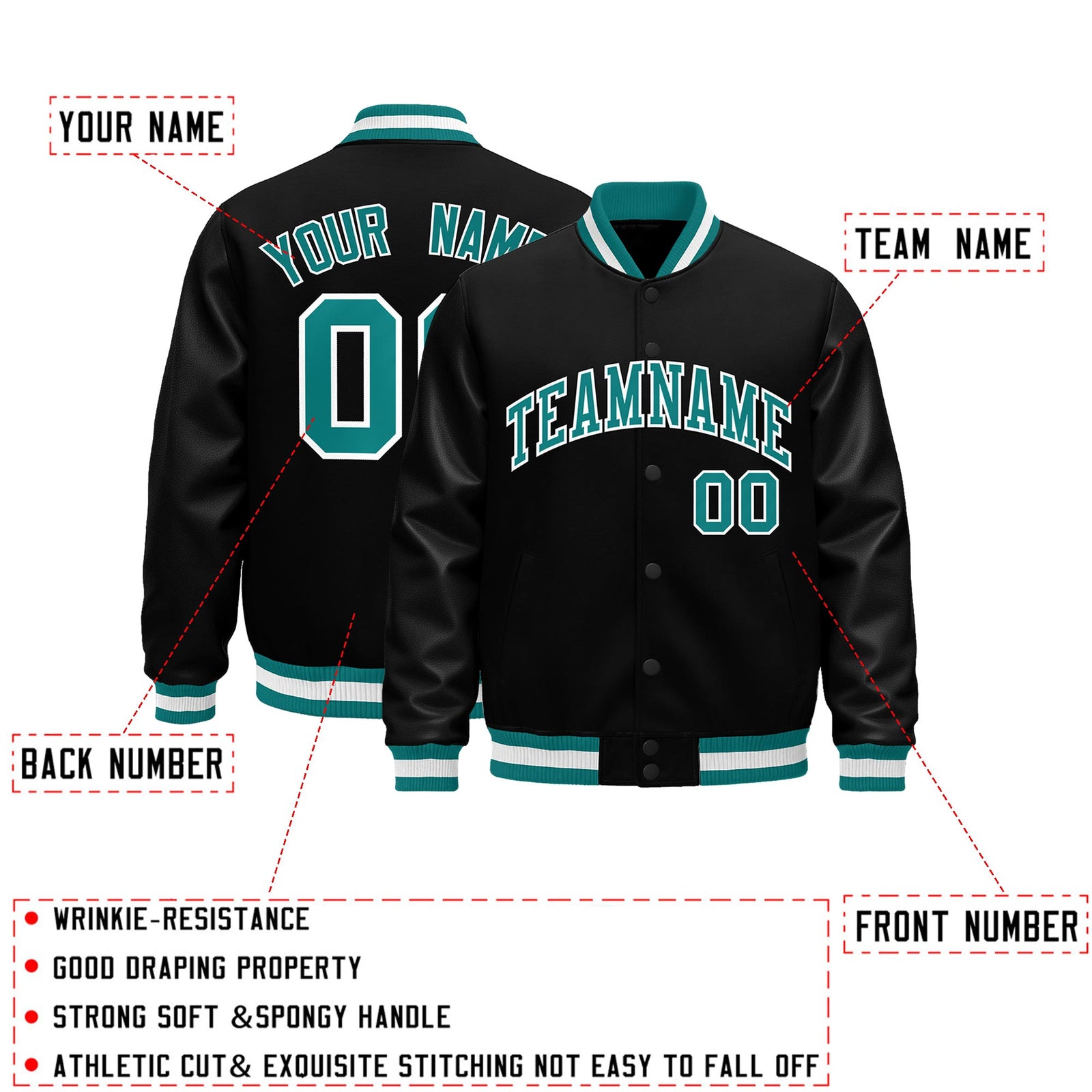 Custom Black Aqua White Classic Style Leather Sleeves Wrinkle-Resistant Jacket| KXKSHOP