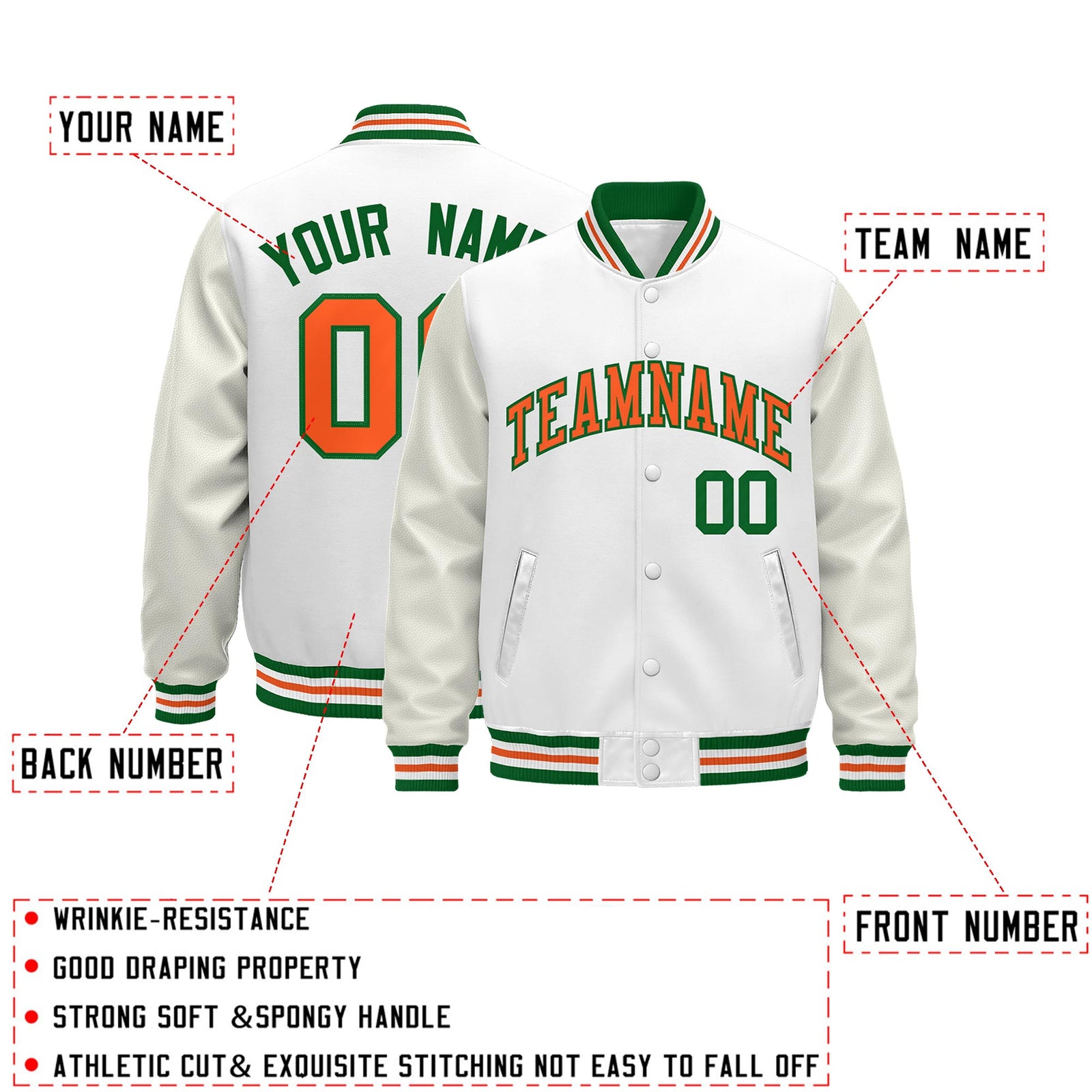 Custom White Kelly Green Orange Classic Style Leather Sleeves Wrinkle-Resistant Jacket| KXKSHOP