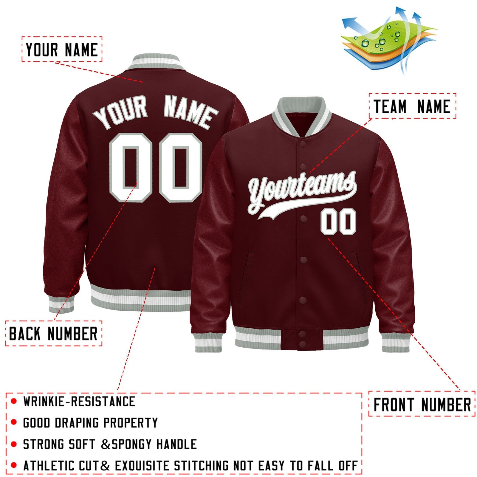 Custom Burgundy White Classic Style Leather Sleeves Wrinkle-Resistant Jacket| KXKSHOP
