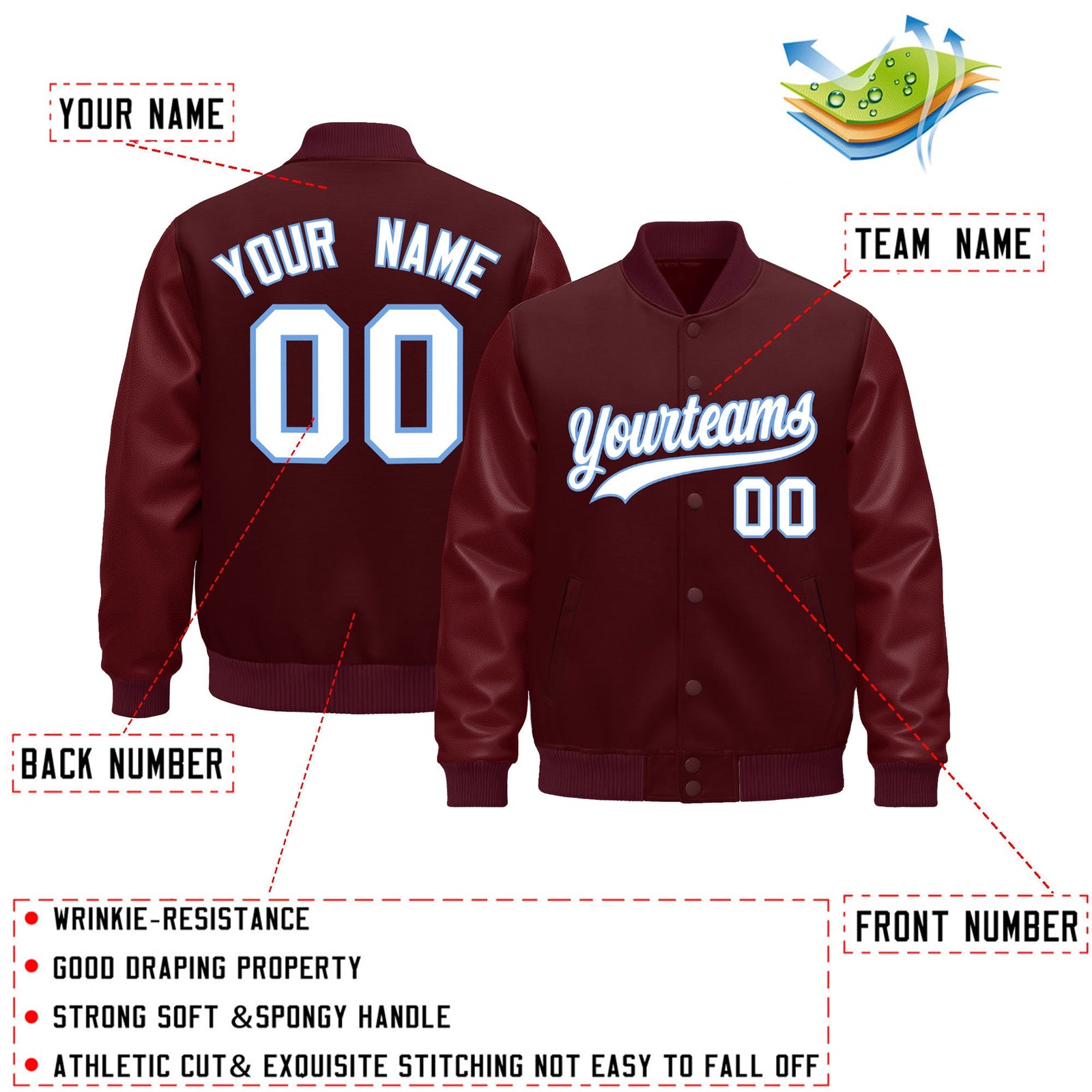 Custom Burgundy Light Blue Classic Style Leather Sleeves Wrinkle-Resistant Jacket| KXKSHOP