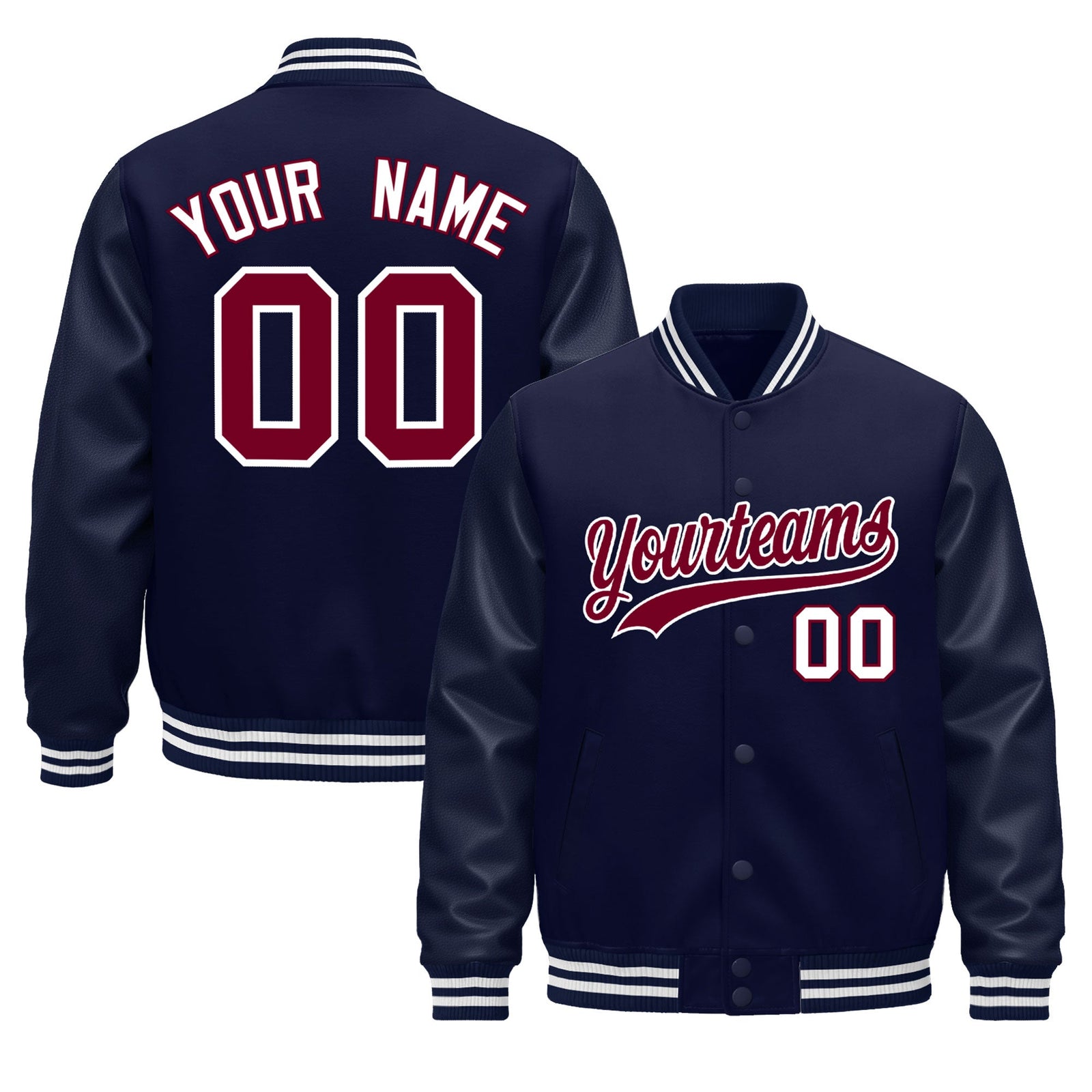 Custom Navy White Classic Style Leather Sleeves Wrinkle-Resistant Jacket| KXKSHOP