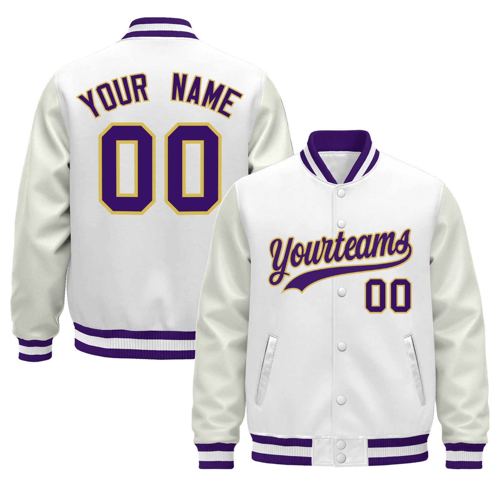 Custom White Purple Jacket - Classic Style Leather Sleeves Wrinkle-Resistant
