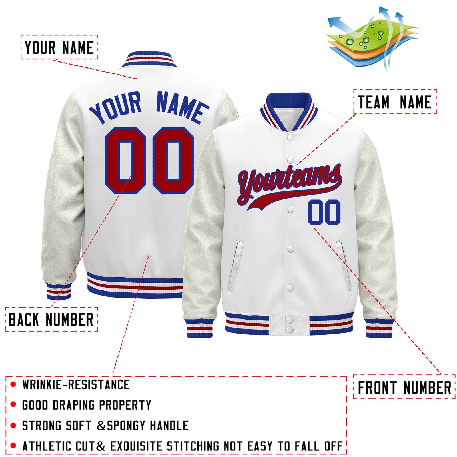 Custom White Royal Blue Red Classic Style Leather Sleeves Wrinkle-Resistant Jacket| KXKSHOP