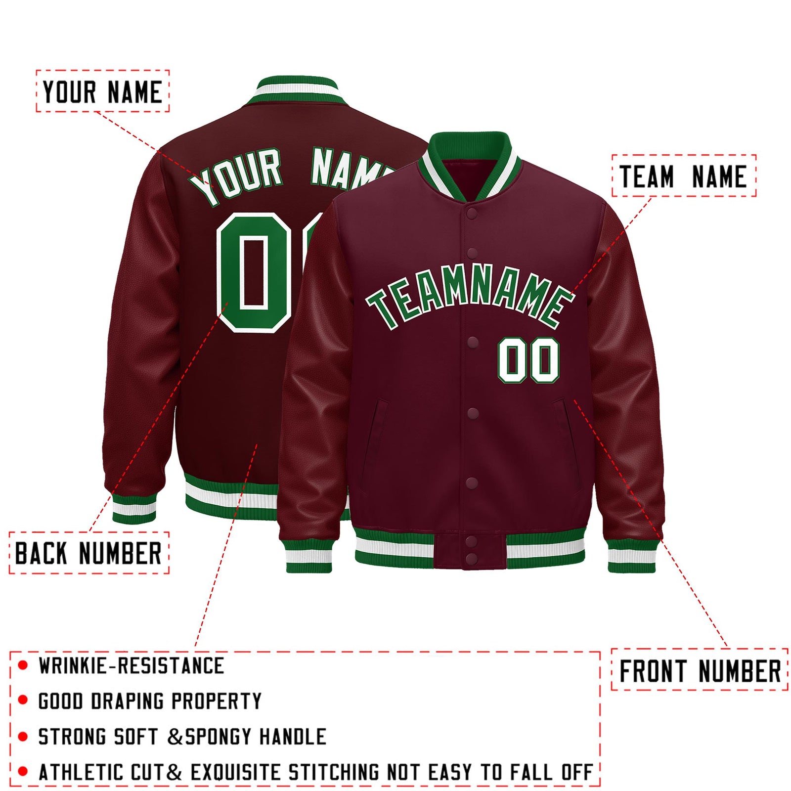 Custom Burgundy White Classic Style Leather Sleeves Wrinkle-Resistant Jacket| KXKSHOP