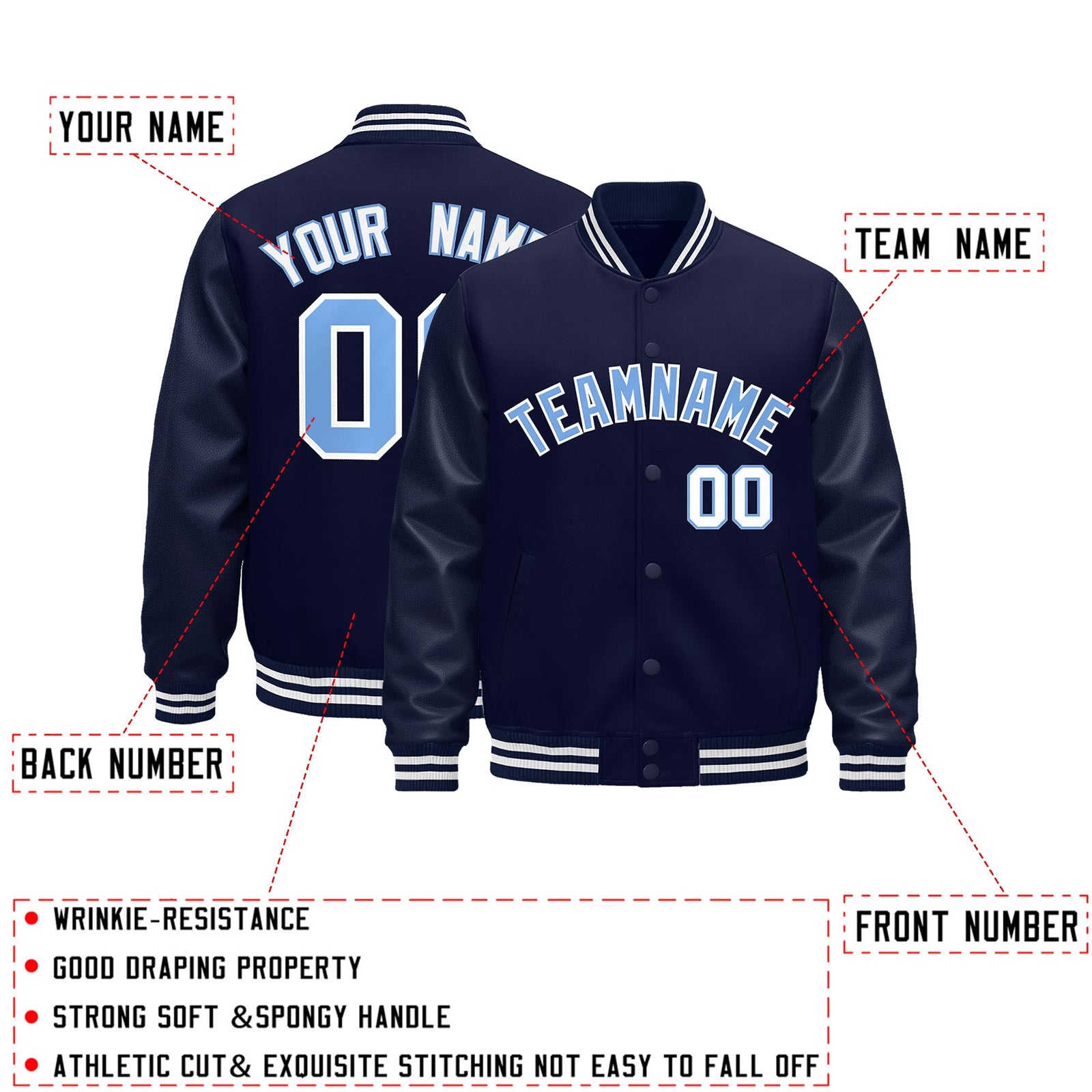 Custom Navy White Classic Style Leather Sleeves Wrinkle-Resistant Jacket| KXKSHOP