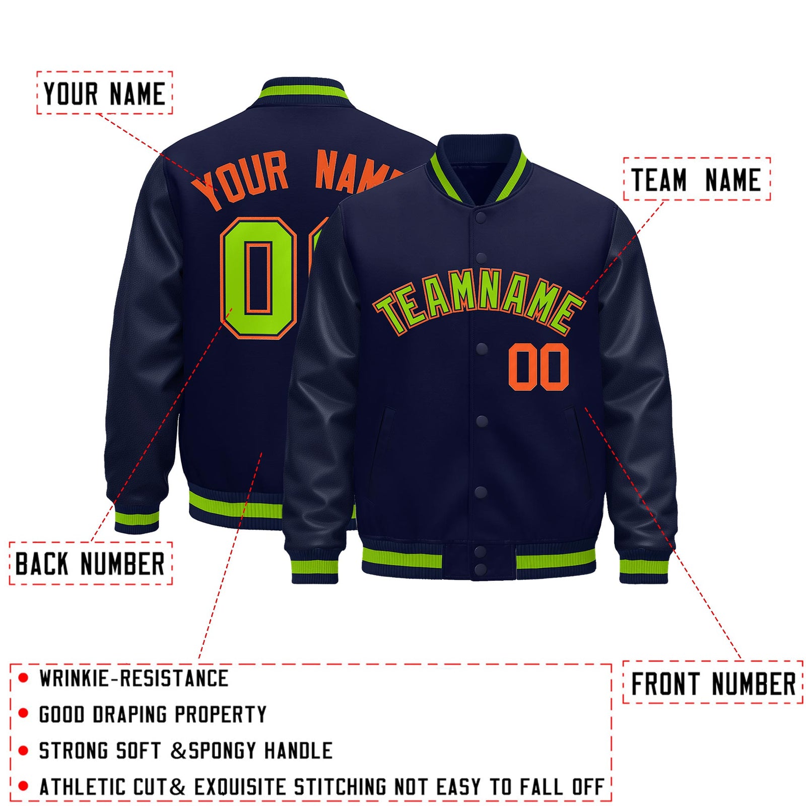 Custom Navy Orange Classic Style Leather Sleeves Wrinkle-Resistant Jacket| KXKSHOP