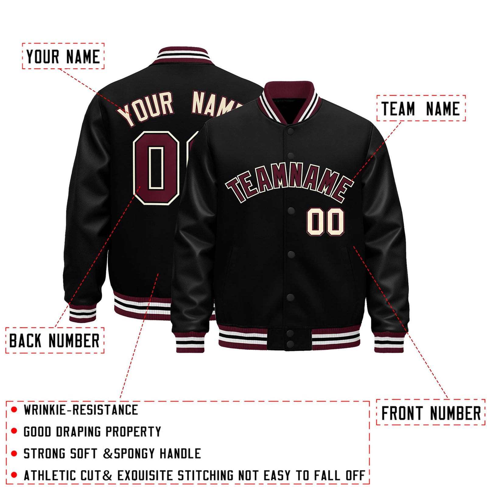 Custom Black Crimson White Classic Style Leather Sleeves Wrinkle-Resistant Jacket| KXKSHOP