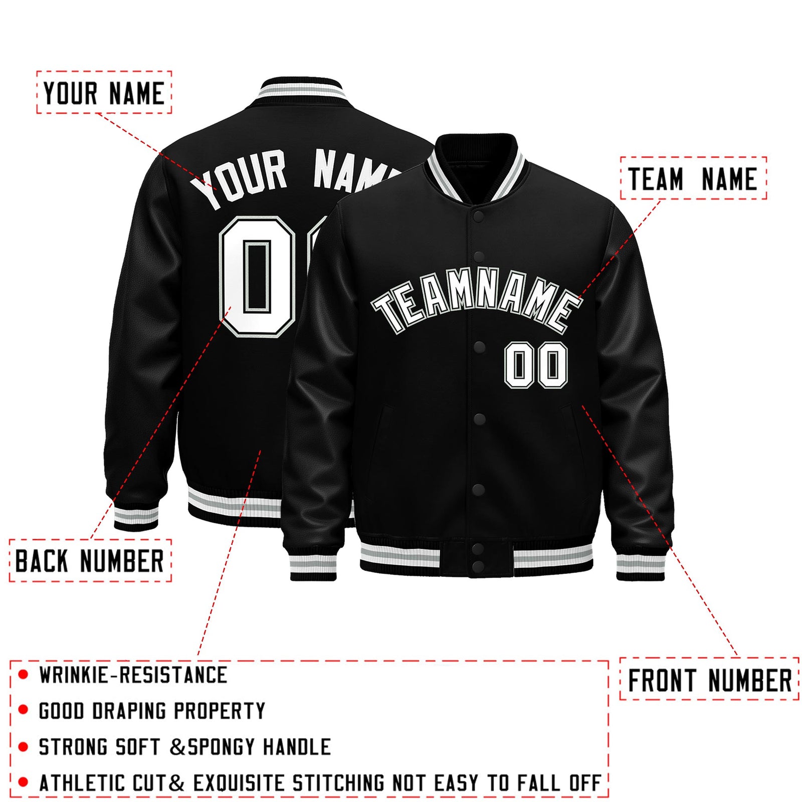 Custom Black White Gray Classic Style Leather Sleeves Wrinkle-Resistant Jacket| KXKSHOP