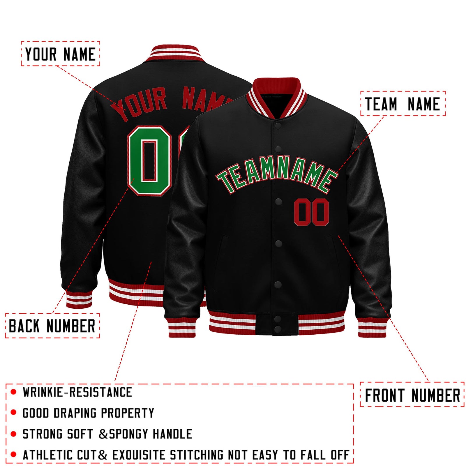 Custom Black Red White Classic Style Leather Sleeves Wrinkle-Resistant Jacket| KXKSHOP