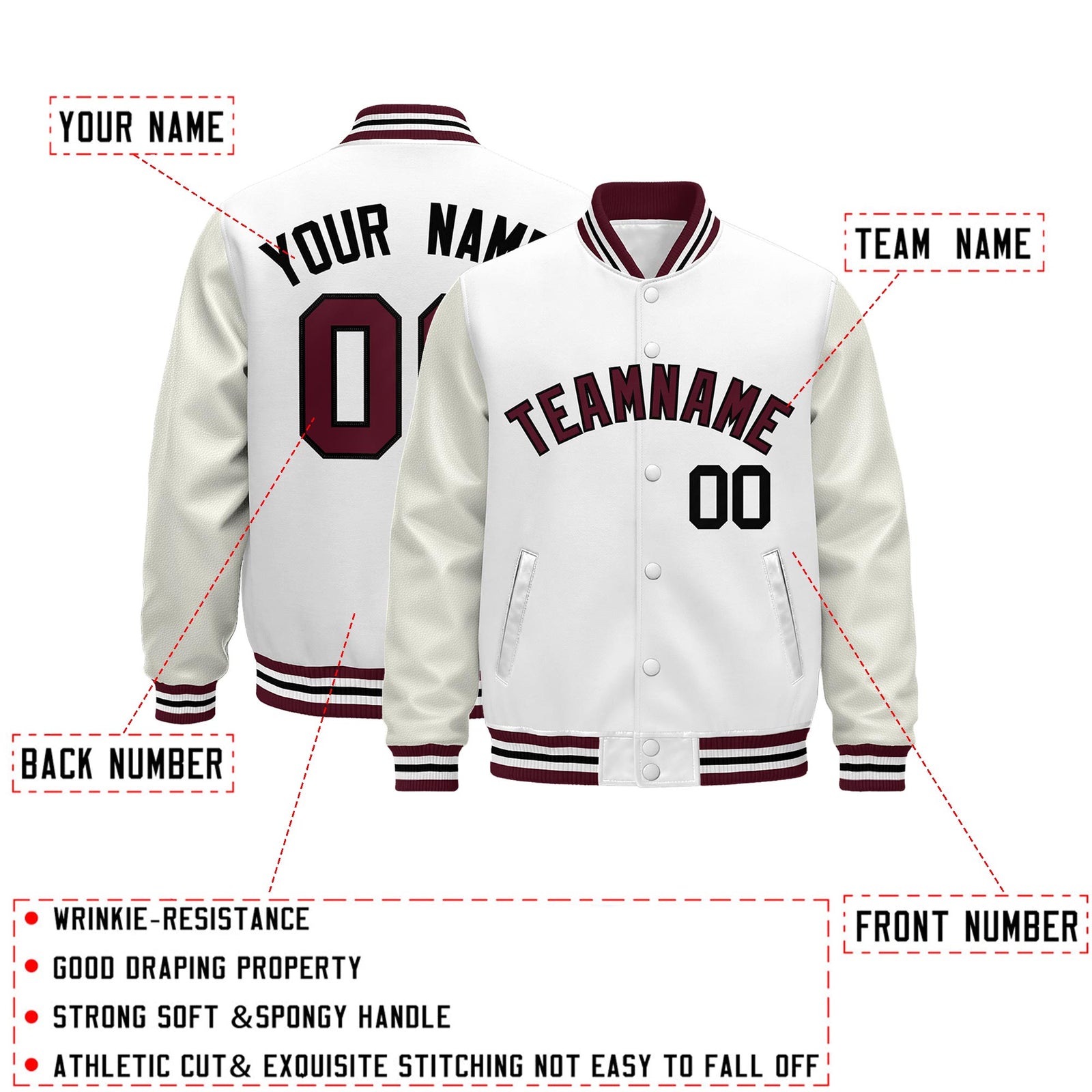 Custom White Crimson Black Classic Style Leather Sleeves Wrinkle-Resistant Jacket| KXKSHOP