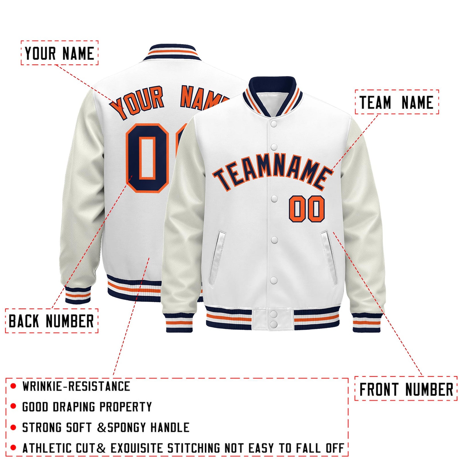 Custom White Navy Orange Classic Style Leather Sleeves Wrinkle-Resistant Jacket| KXKSHOP