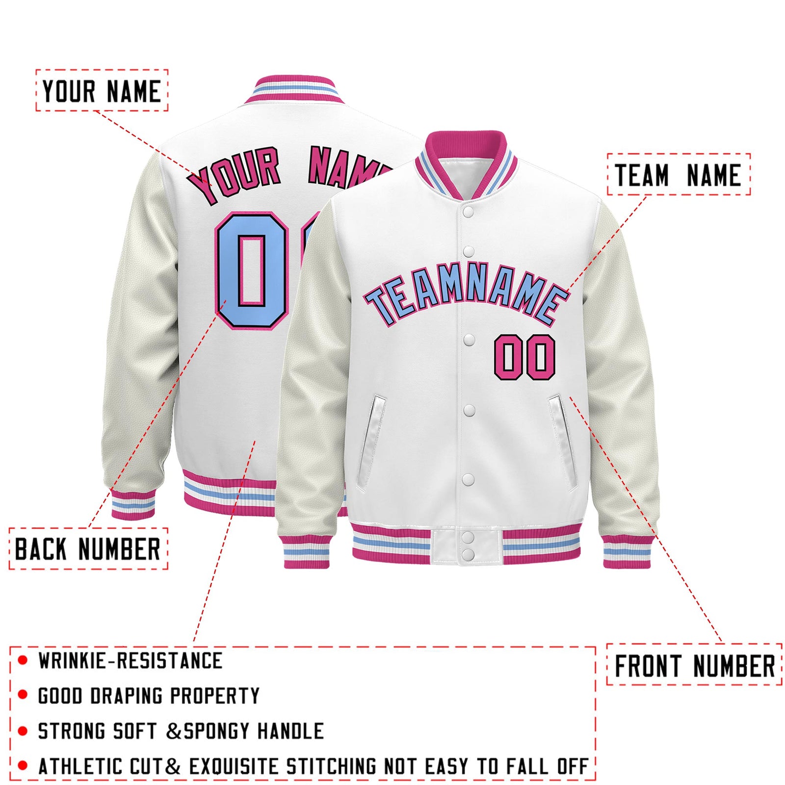 Custom White Pink Light Blue Classic Style Leather Sleeves Wrinkle-Resistant Jacket| KXKSHOP