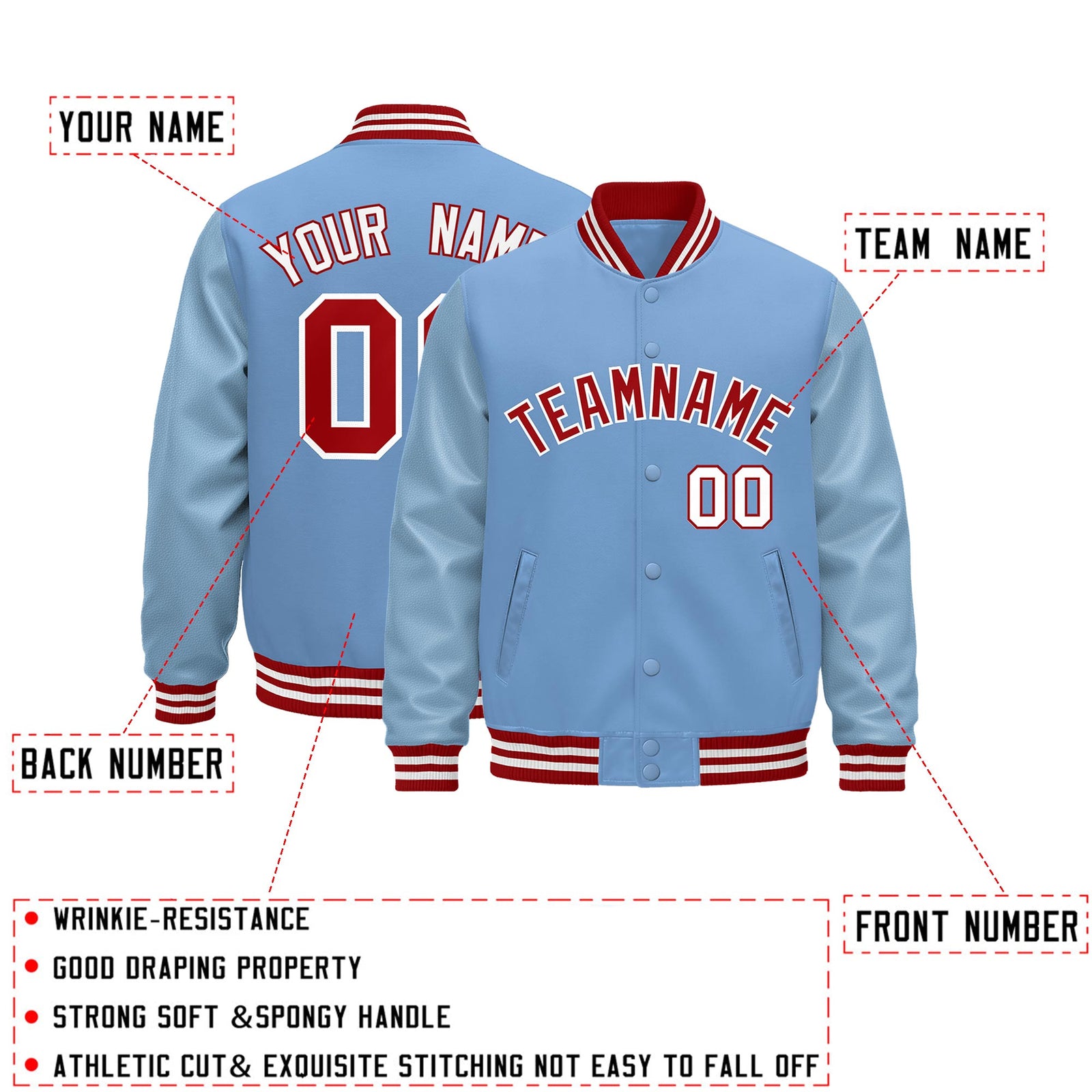 Custom Powder Blue Red White Classic Style Leather Sleeves Wrinkle-Resistant Jacket| KXKSHOP