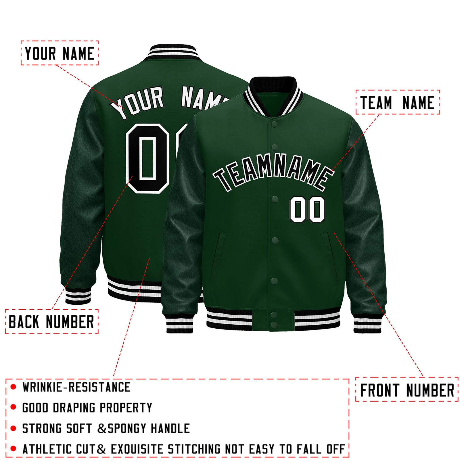 Custom Green Black White Classic Style Leather Sleeves Wrinkle-Resistant Jacket| KXKSHOP