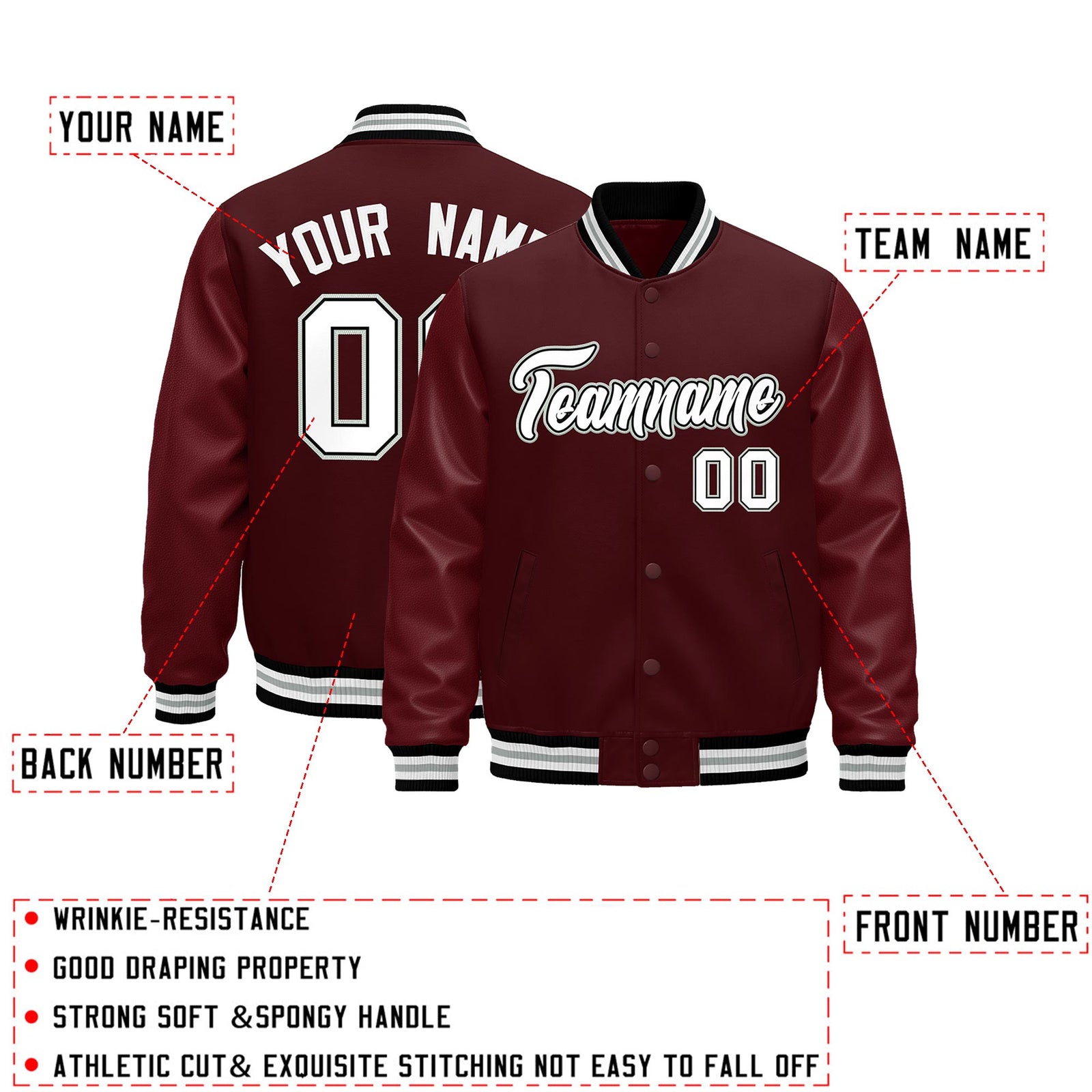 Custom Burgundy White Classic Style Leather Sleeves Wrinkle-Resistant Jacket| KXKSHOP