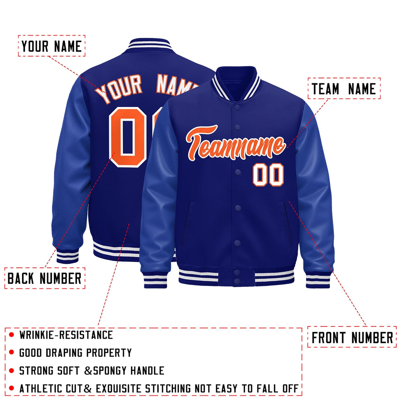 Custom Royal Blue White Classic Style Leather Sleeves Wrinkle-Resistant Jacket| KXKSHOP