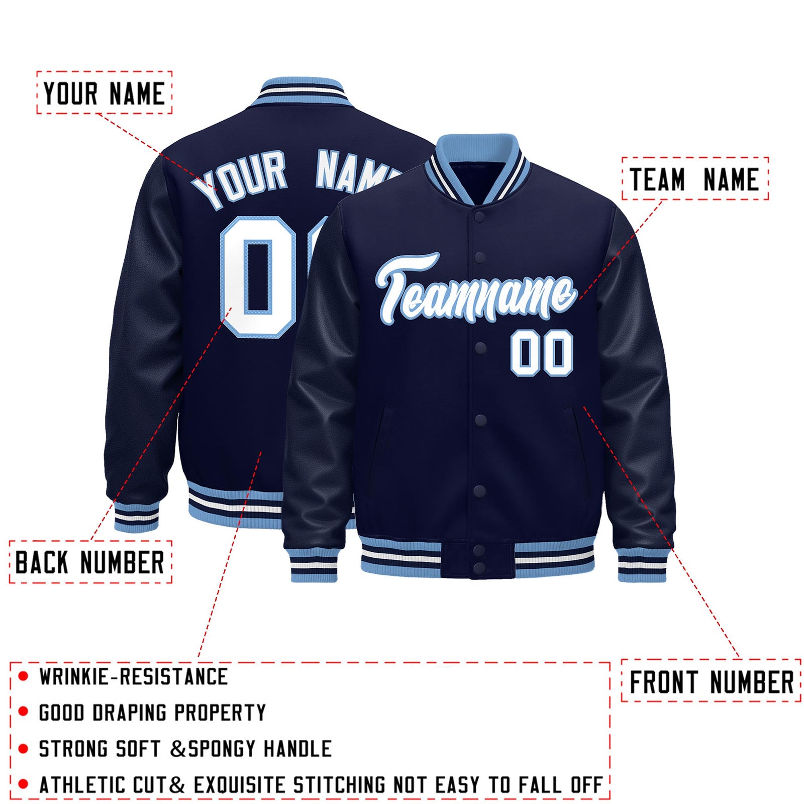 Custom Navy White Light Blue Classic Style Leather Sleeves Wrinkle-Resistant Jacket| KXKSHOP