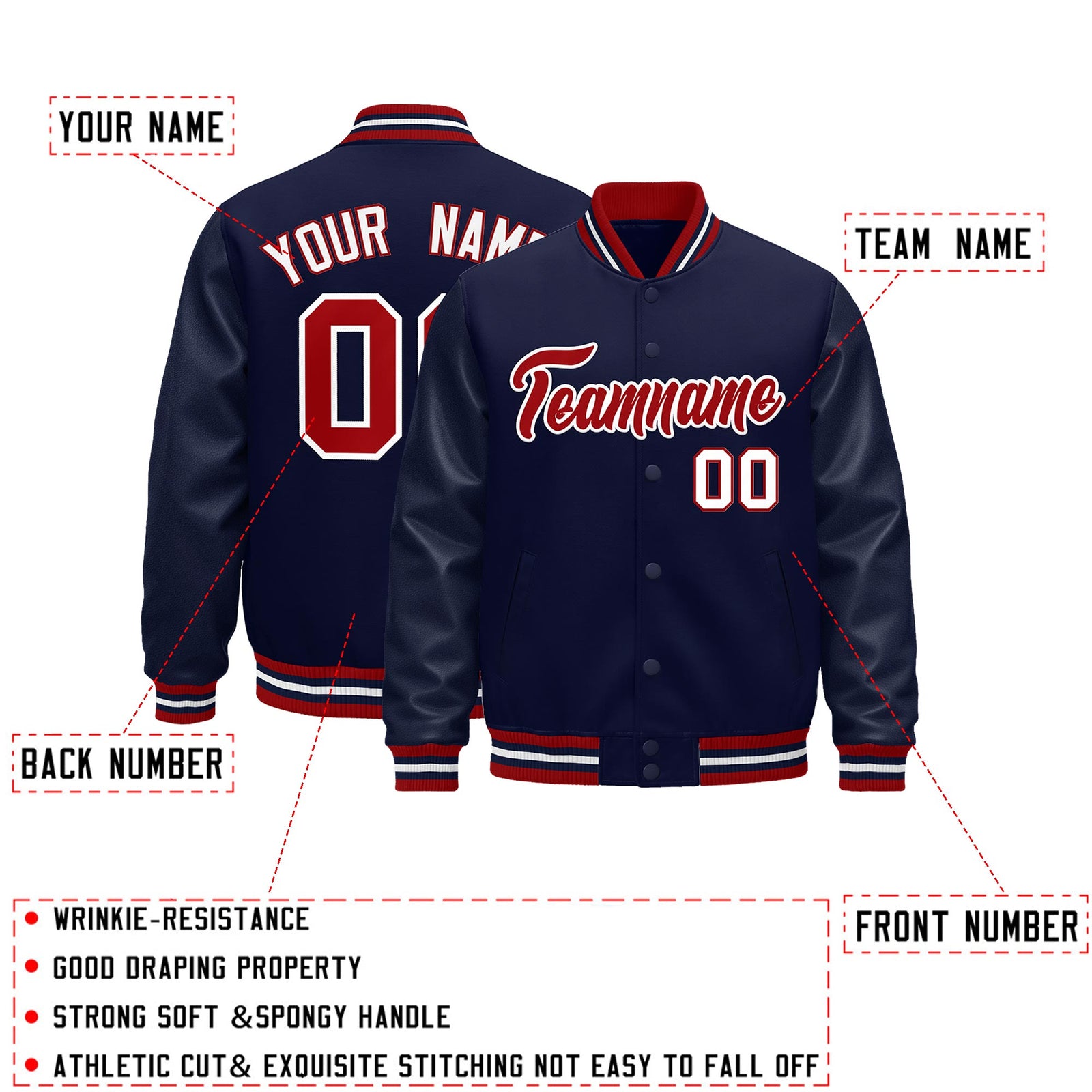 Custom Navy Red White Classic Style Leather Sleeves Wrinkle-Resistant Jacket| KXKSHOP