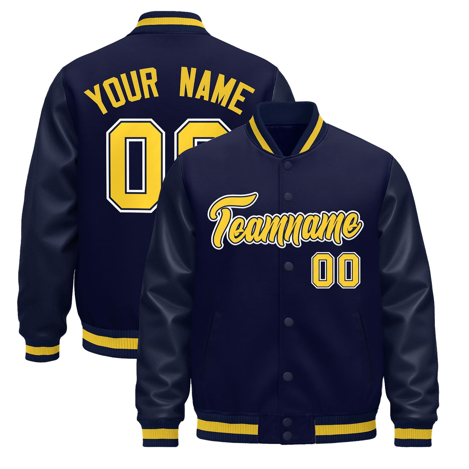 Custom Navy Gold Jacket - Classic Style Leather Sleeves Wrinkle-Resistant