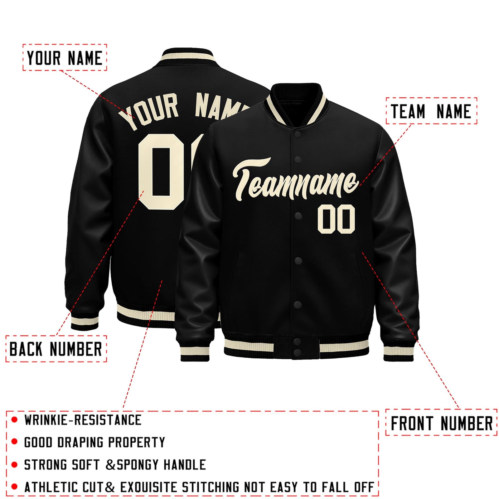 Custom Black Cream Classic Style Leather Sleeves Wrinkle-Resistant Jacket| KXKSHOP