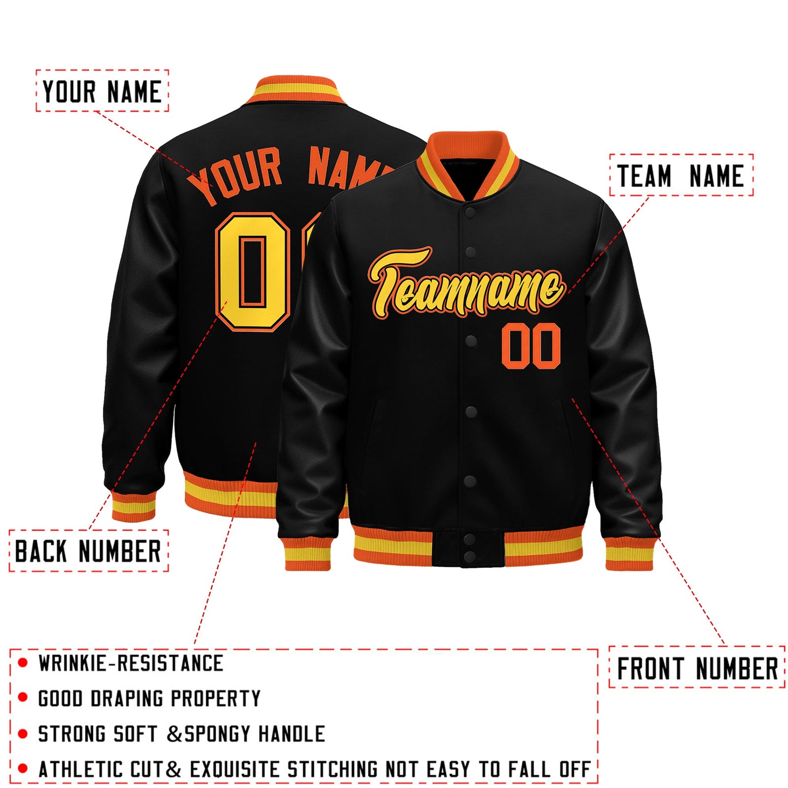 Custom Black Orange Gold Classic Style Leather Sleeves Wrinkle-Resistant Jacket| KXKSHOP