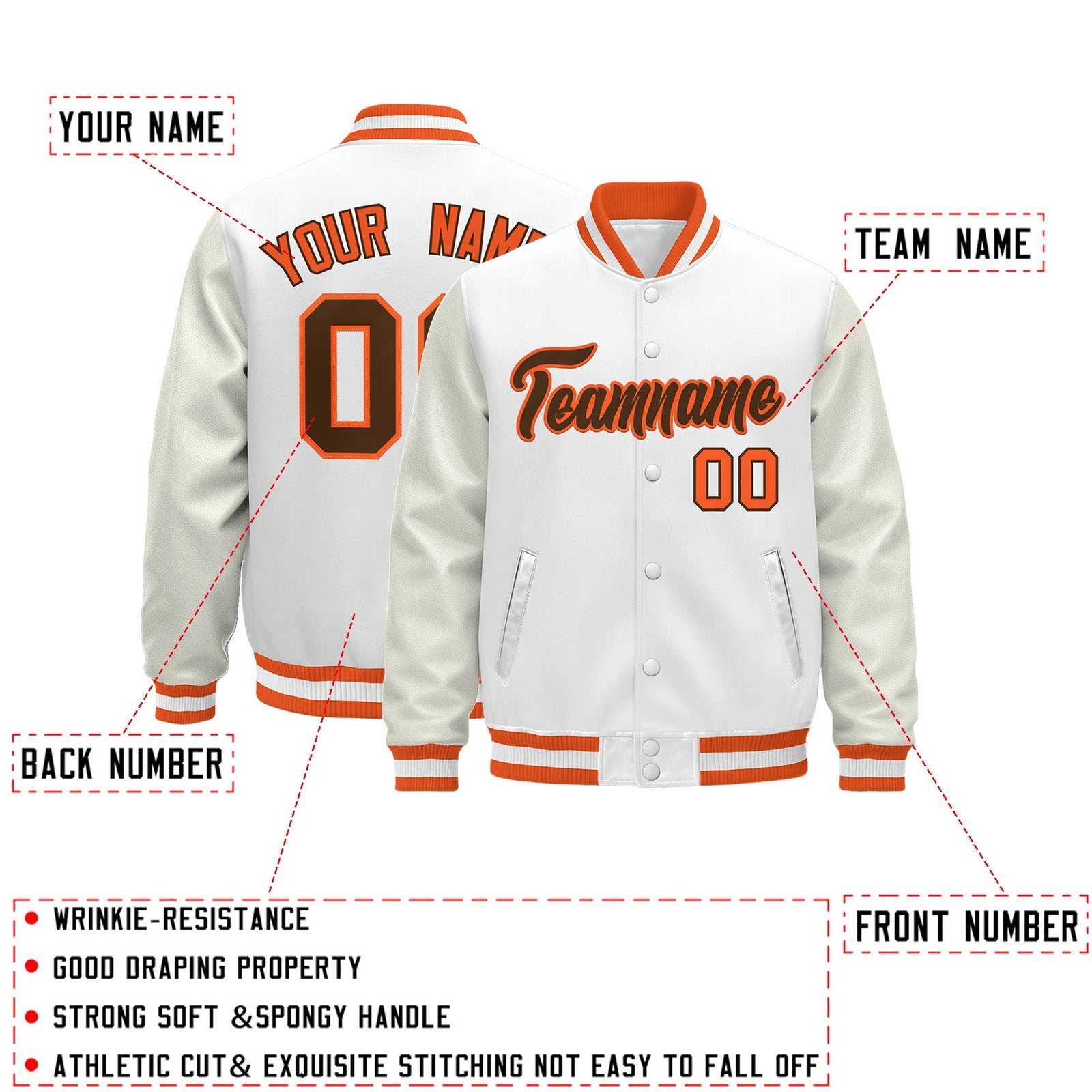 Custom White Orange Classic Style Leather Sleeves Wrinkle-Resistant Jacket| KXKSHOP