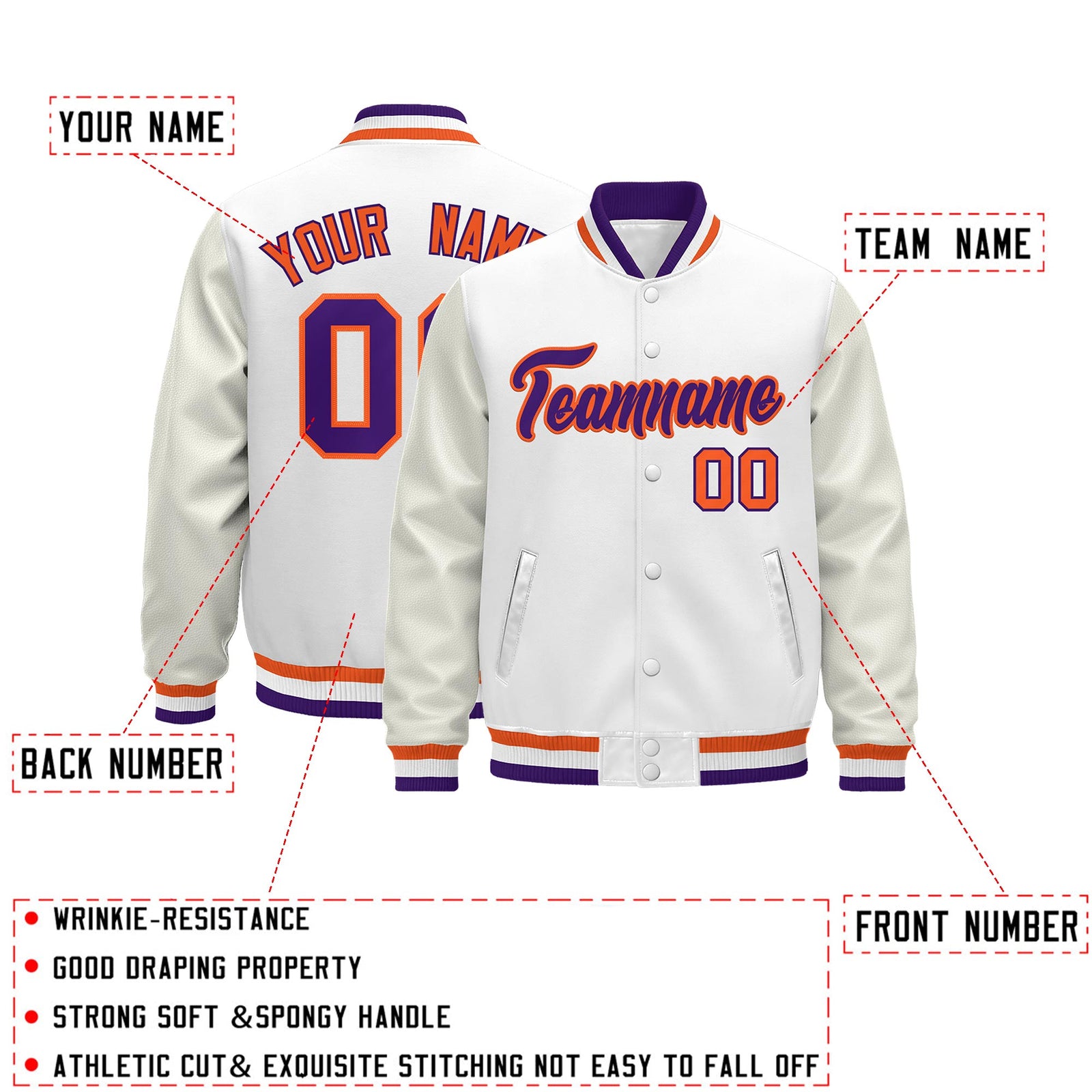 Custom White Purple Orange Classic Style Leather Sleeves Wrinkle-Resistant Jacket| KXKSHOP
