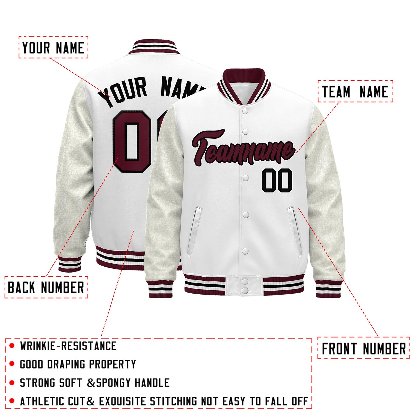 Custom White Crimson Black Classic Style Leather Sleeves Wrinkle-Resistant Jacket| KXKSHOP
