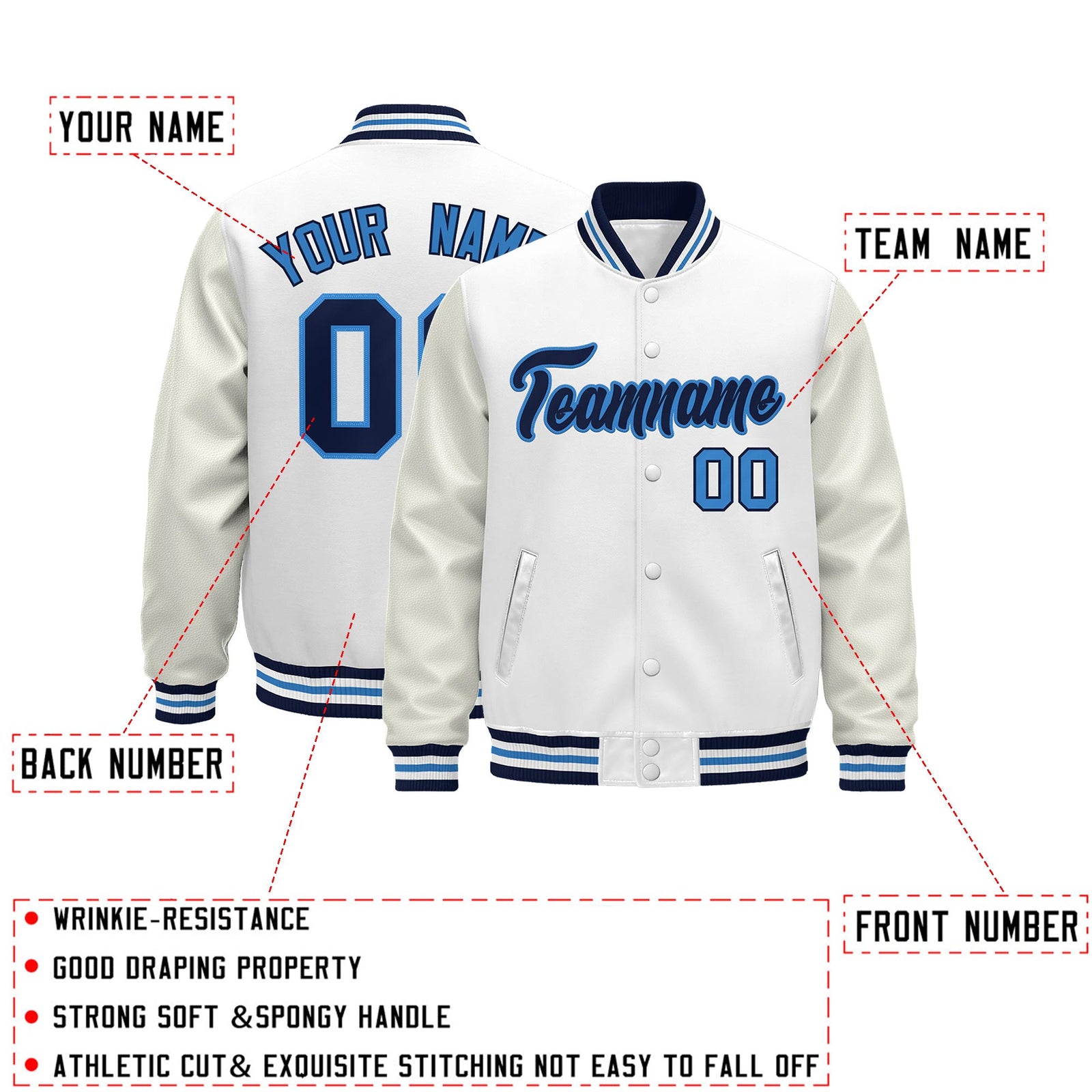 Custom White Navy Powder Blue Classic Style Leather Sleeves Wrinkle-Resistant Jacket| KXKSHOP
