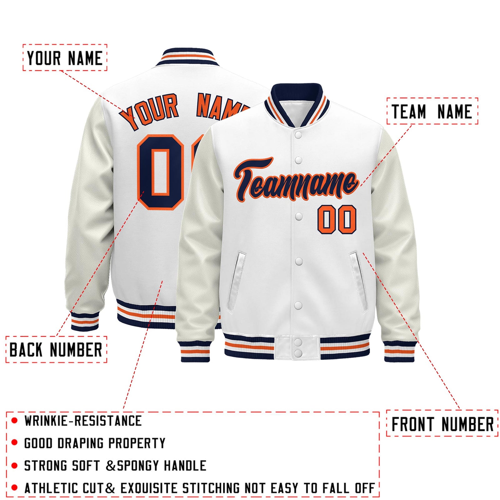 Custom White Navy Orange Classic Style Leather Sleeves Wrinkle-Resistant Jacket| KXKSHOP