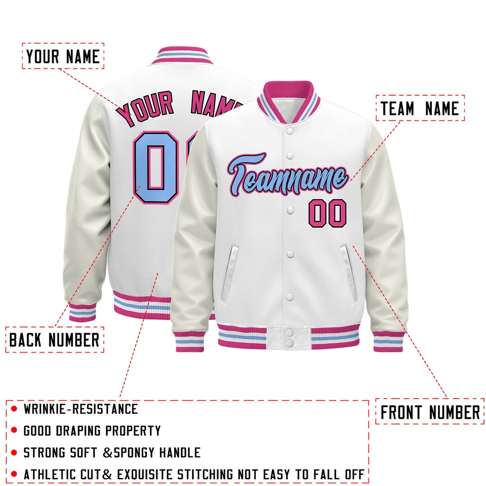 Custom White Pink Light Blue Classic Style Leather Sleeves Wrinkle-Resistant Jacket| KXKSHOP