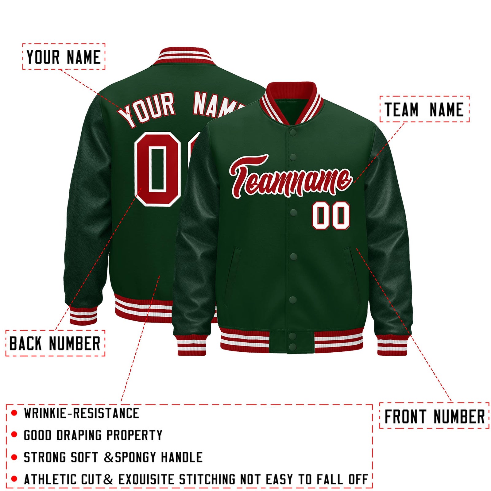Custom Green Red White Classic Style Leather Sleeves Wrinkle-Resistant Jacket| KXKSHOP