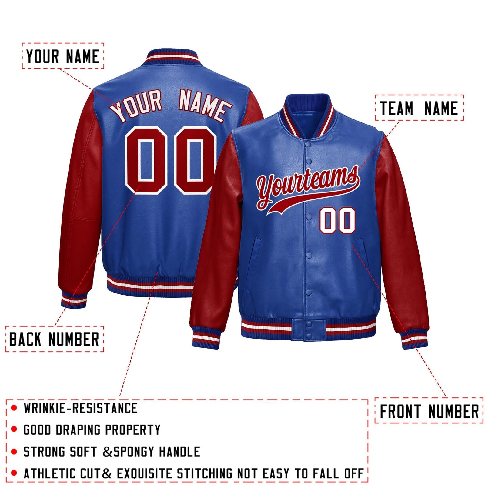 Custom Royal Blue Red Raglan Sleeves Full-Snap Varsity Faux Leather Letterman Jacket| KXKSHOP