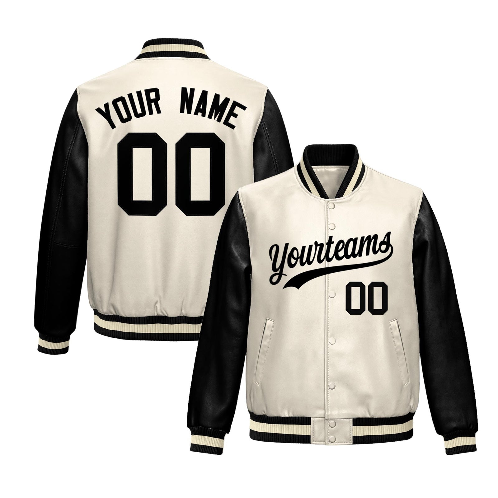 Custom Cream Black Raglan Sleeves Full-Snap Varsity Faux Leather Letterman Jacket| KXKSHOP