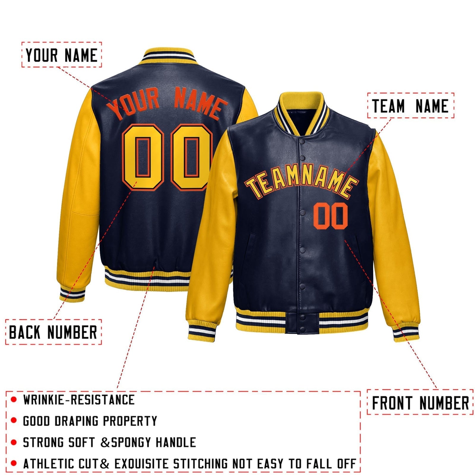 Custom Navy Yellow Orange Raglan Sleeves Full-Snap Varsity Faux Leather Letterman Jacket| KXKSHOP
