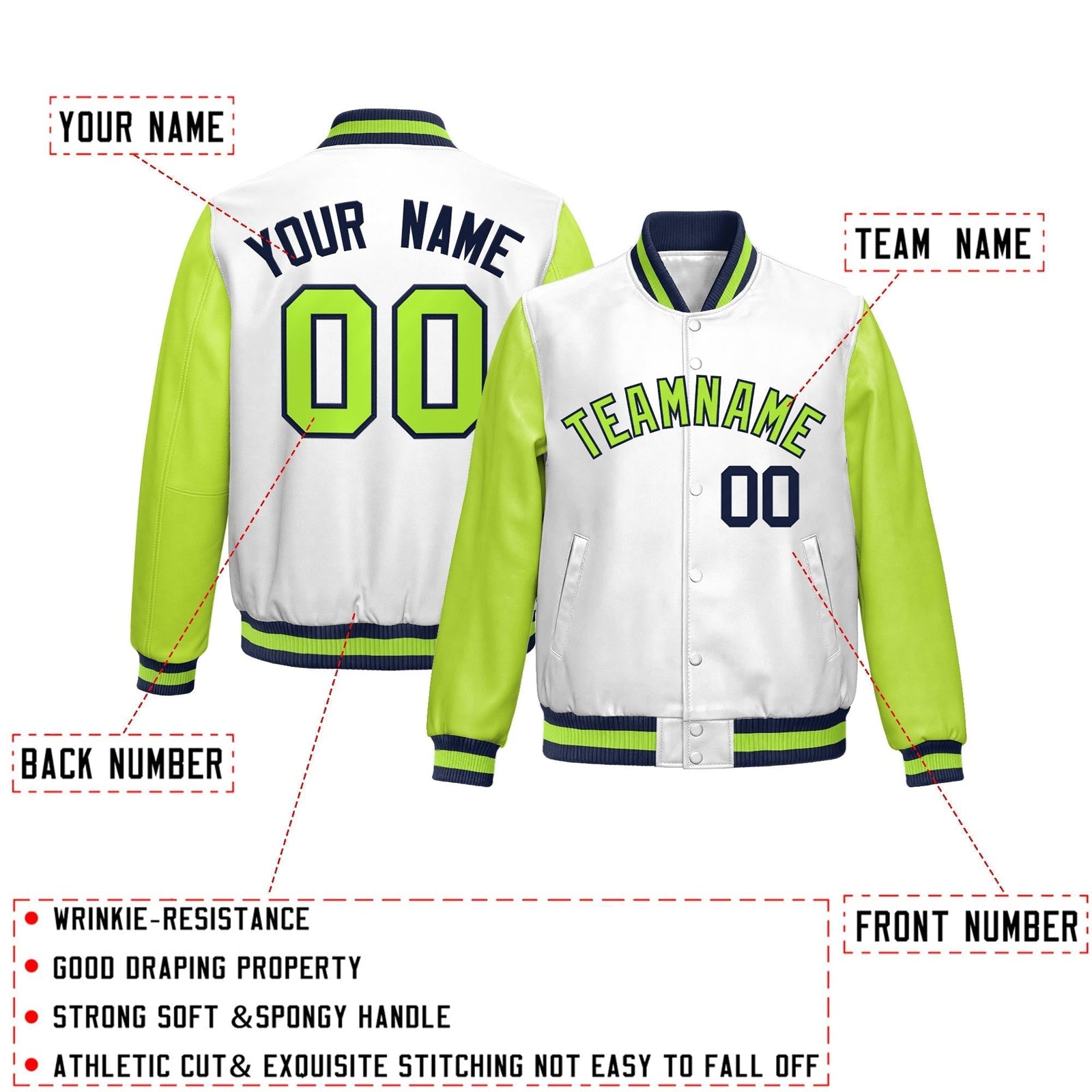 Custom White Neon Green Raglan Sleeves Full-Snap Varsity Faux Leather Letterman Jacket| KXKSHOP