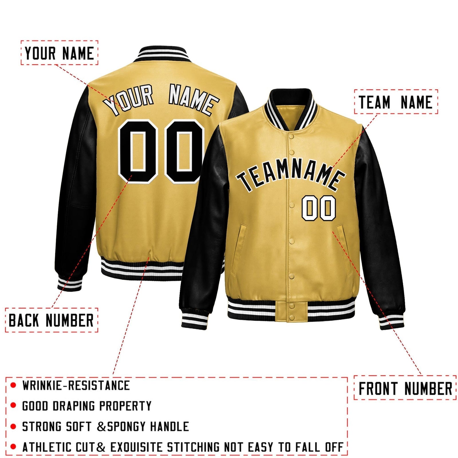Custom Khaki Black Raglan Sleeves Full-Snap Varsity Faux Leather Letterman Jacket| KXKSHOP
