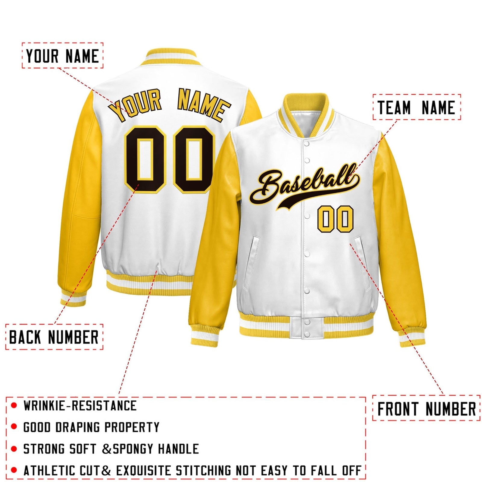 Custom White Yellow Raglan Sleeves Full-Snap Varsity Faux Leather Letterman Jacket| KXKSHOP