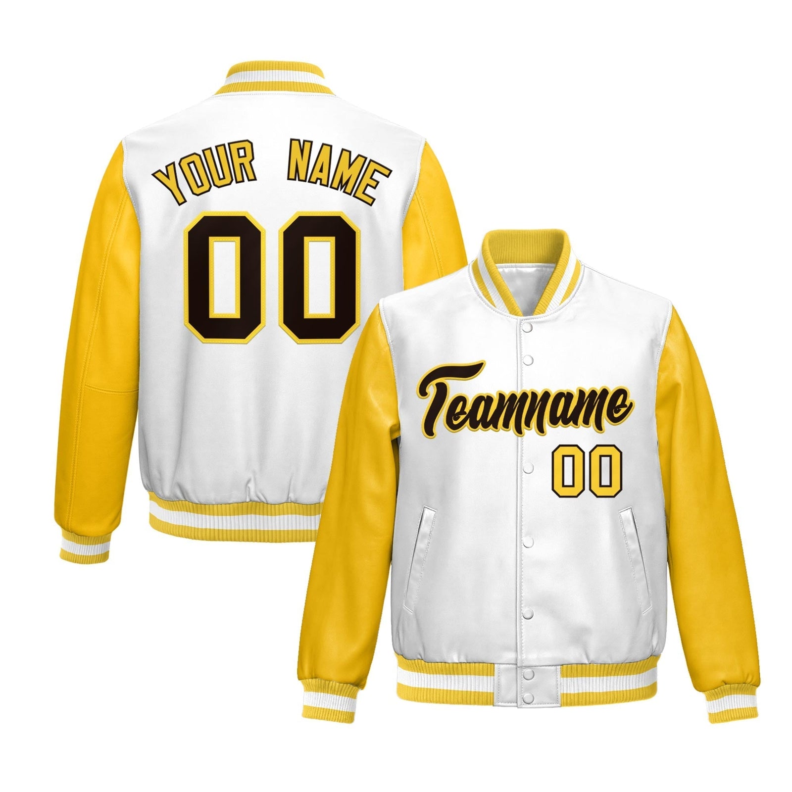 Custom White Yellow Raglan Sleeves Full-Snap Varsity Faux Leather Letterman Jacket| KXKSHOP