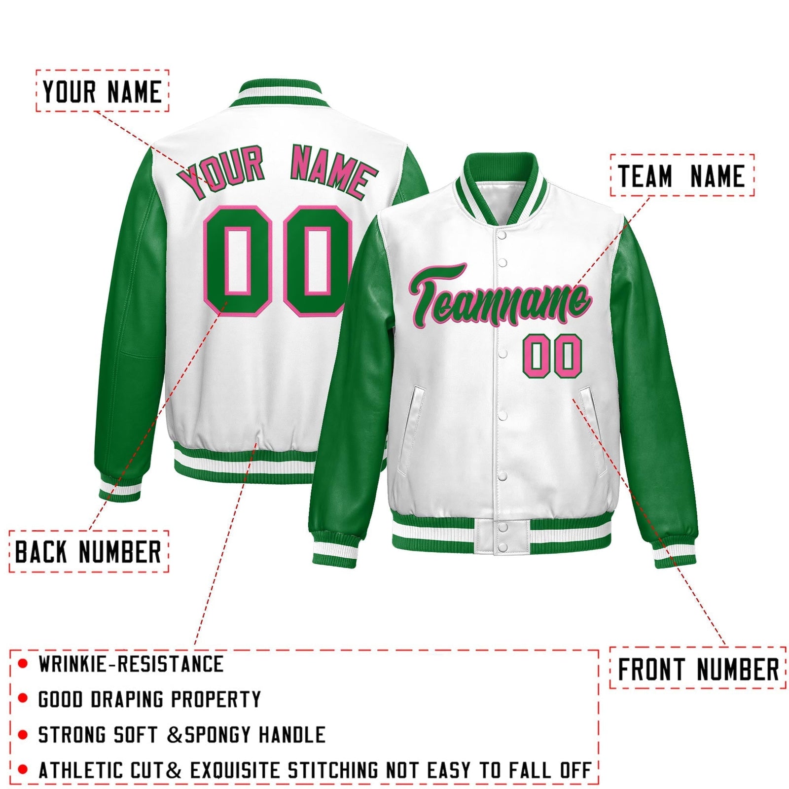 Custom Kelly Green White Raglan Sleeves Full-Snap Varsity Faux Leather Letterman Jacket| KXKSHOP