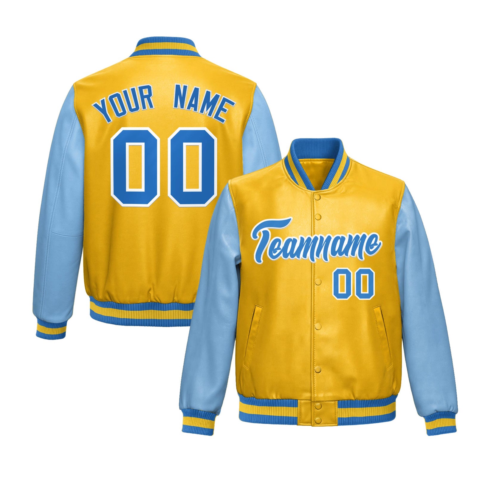 Custom Yellow Powder Blue Raglan Sleeves Full-Snap Varsity Faux Leather Letterman Jacket| KXKSHOP