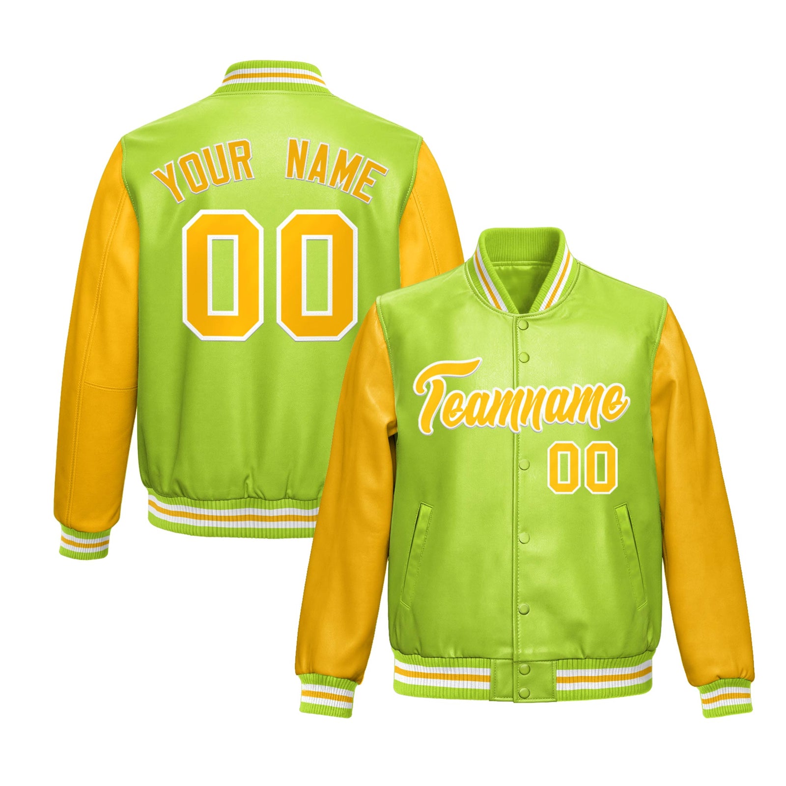 Custom Neon Green Yellow Raglan Sleeves Full-Snap Varsity Faux Leather Letterman Jacket| KXKSHOP